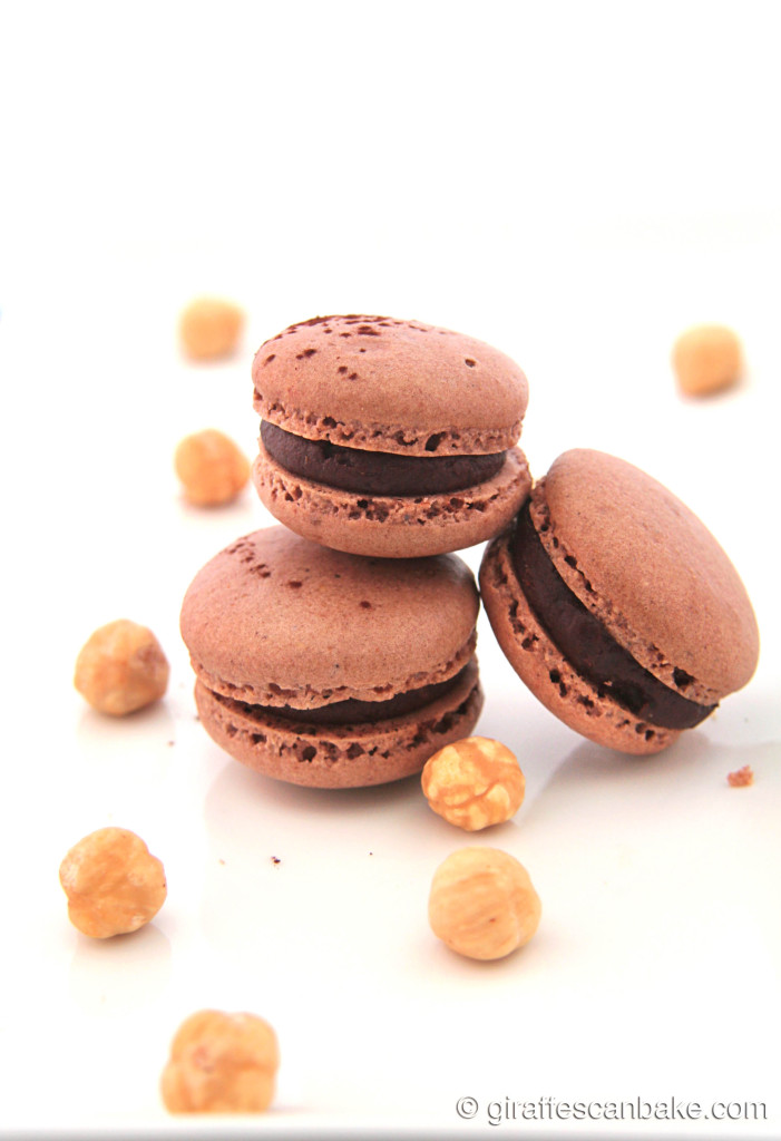 Chocolate and Hazelnut Macarons with Step By Step Photo Guide by Giraffes Can Bake - French Macarons made with ground hazelnuts and filled with a nutella ganache