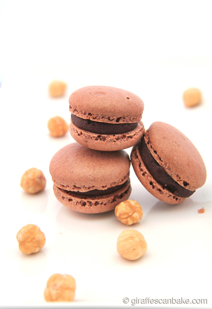 Chocolate and Hazelnut Macarons with Step By Step Photo Guide by Giraffes Can Bake - French Macarons made with ground hazelnuts and filled with a nutella ganache