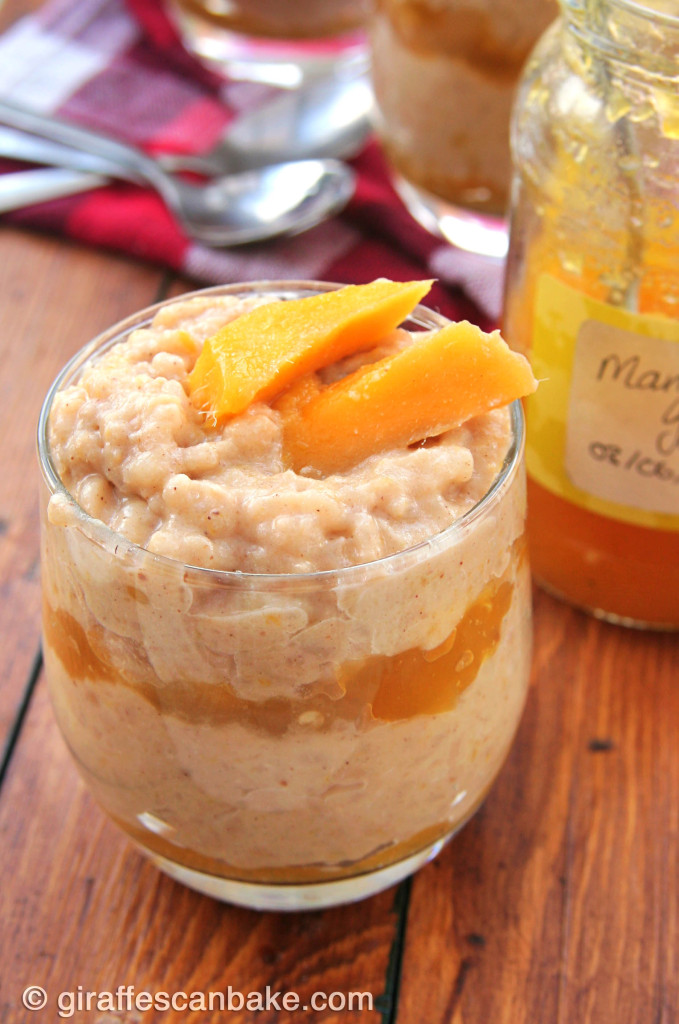 Spicy Mango Rice Pudding by Giraffes Can Bake - A flavourful baked rice pudding with layers of spicy mango jam, with hints of cinnamon and ginger. Made with coconut milk, making it vegan friendly. So easy to make, it's a great week night dessert! 