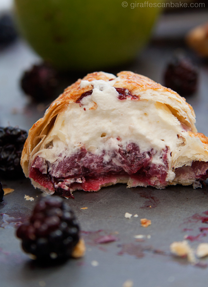 Apple and Blackberry Cream Turnovers - Flakey, buttery, from sratch Puff Pastry with an amazing Apple & Blackberry Filling and Fresh Whipped Cream