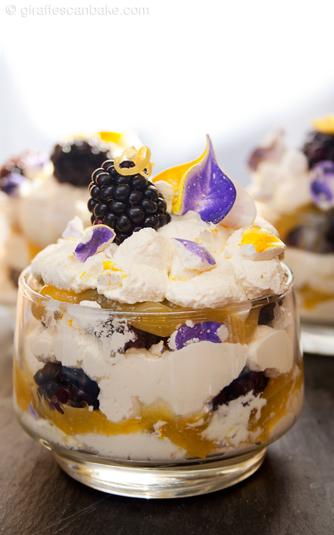 Blackberry & Lemon Eton Mess - Layers of fresh whipped lemon cream, meringue pieces, lemon curd and fresh blackberries, a traditional English dessert given an Fall makeover! Make the meringue and curd in advance and you can put this dessert together in minutes!