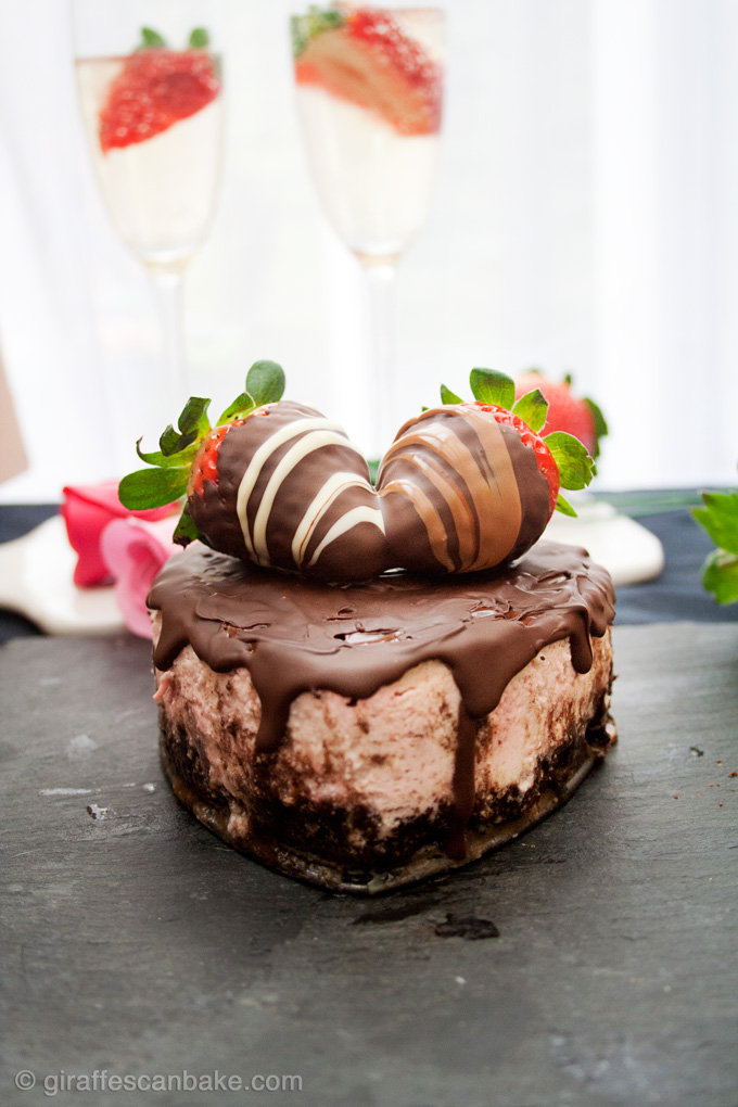 Chocolate Covered Strawberry Cheesecake for Two - Creamy strawberry cheesecaked with an oreo crust, topped with a rich chocolate ganache. Made especially for two, perfect for a Valentine's Day Dessert!